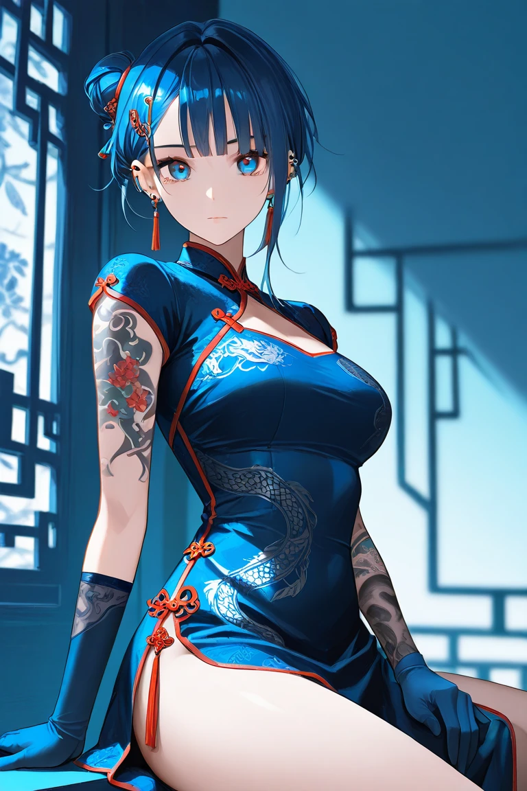 Adult female, long blue hair, high ponytail, blue eyes, Blue Chinese Dress, holden elements, sleeveless, open breasts, fan, serious, Masterpiece, best quality, Full HD, 8k, ultra details, great graphic