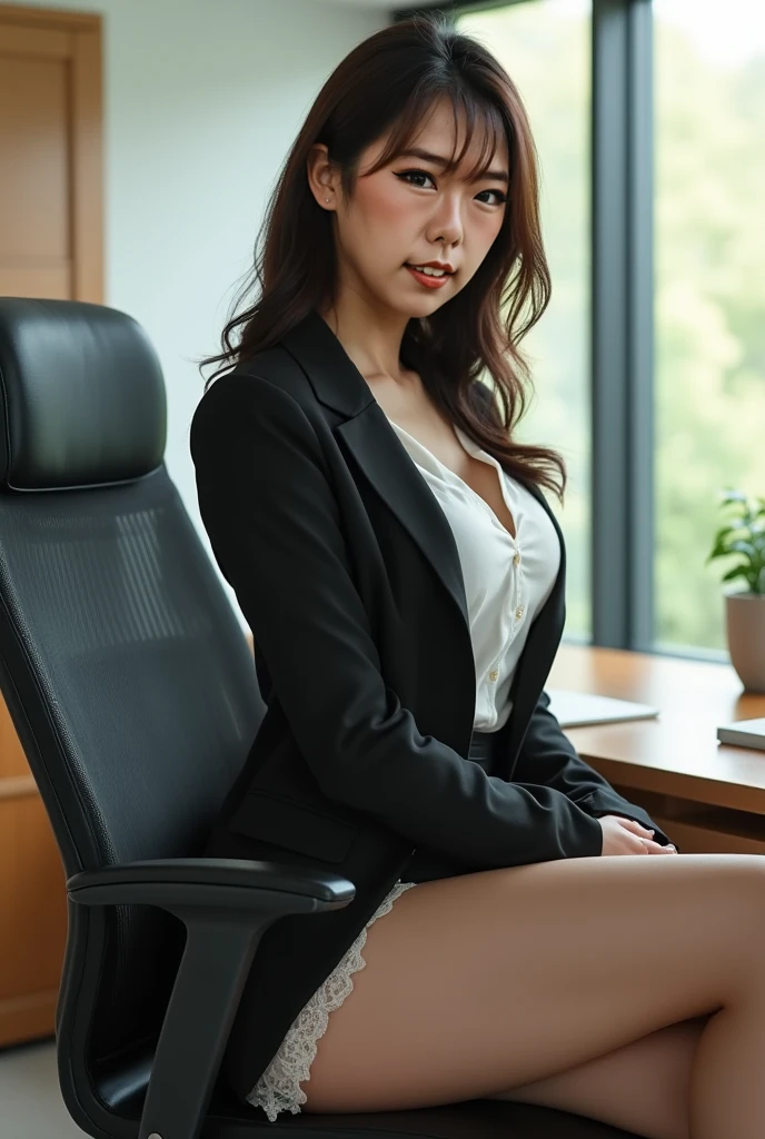 ((Best Quality, 8k, Masterpiece, close up:1)), (from below), Photorealistic, Sharp Focus, glare, beautiful Japan Office Lady, glasses, pin-stripe blazer, white shirt, Clothes with big Cleavage View, 35 Years Old, Wavy Hair, ((double eyelid, eyelash, lip gloss)), (Wrinkles at the Corners of the Eyes:0.6), ((Sit and Open your legs wide on office chair:2, one knee up, show crotch)), (loose waist:1),((Show Stained Panties:1.5)), , (underhair:0.8), (open mouth:0.7), (angry:0.5), ((smile0.5)), Darkness Nobody Office Room,