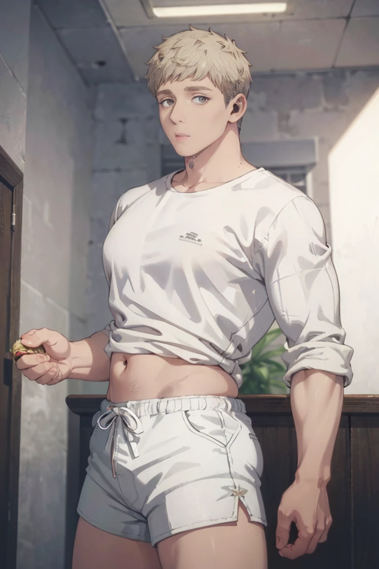 high resolution, sharp focus, Pixiv masterpiece, ((intricate details)), Very detailed, natsuki_subaru, 1 person, Smile, golden eyes(eyes glow), black hair color hair,white shorts,shirtless,abdominal muscles,looking from bottom to top,simple background