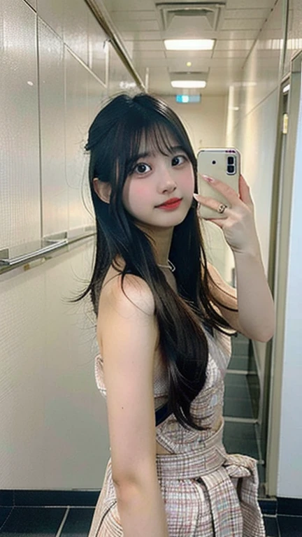 debris flies、highest quality、super fine、Understood、High resolution、8k wallpaper、perfect dynamic composition、(((Full body Esbian)))、((from below))、20 year old cute girl、detailed beautiful face、delicate and cute eyes、fine-textured skin、My cheeks turned red、(straight black hair)、take a selfie with your mobile phone、room、white background、White Room、take a selfie with your mobile phone、small bust、slender、Wearing a camisole