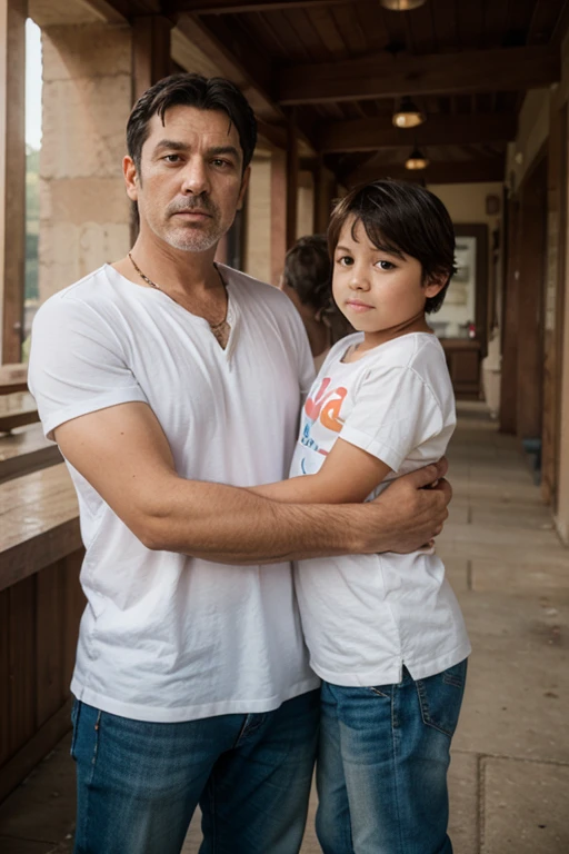 An 8-year-old daughter wearing a pink nightgown is held by her 30-year-old father......//Father puts his hand on the shoulder strap of his nightgown..