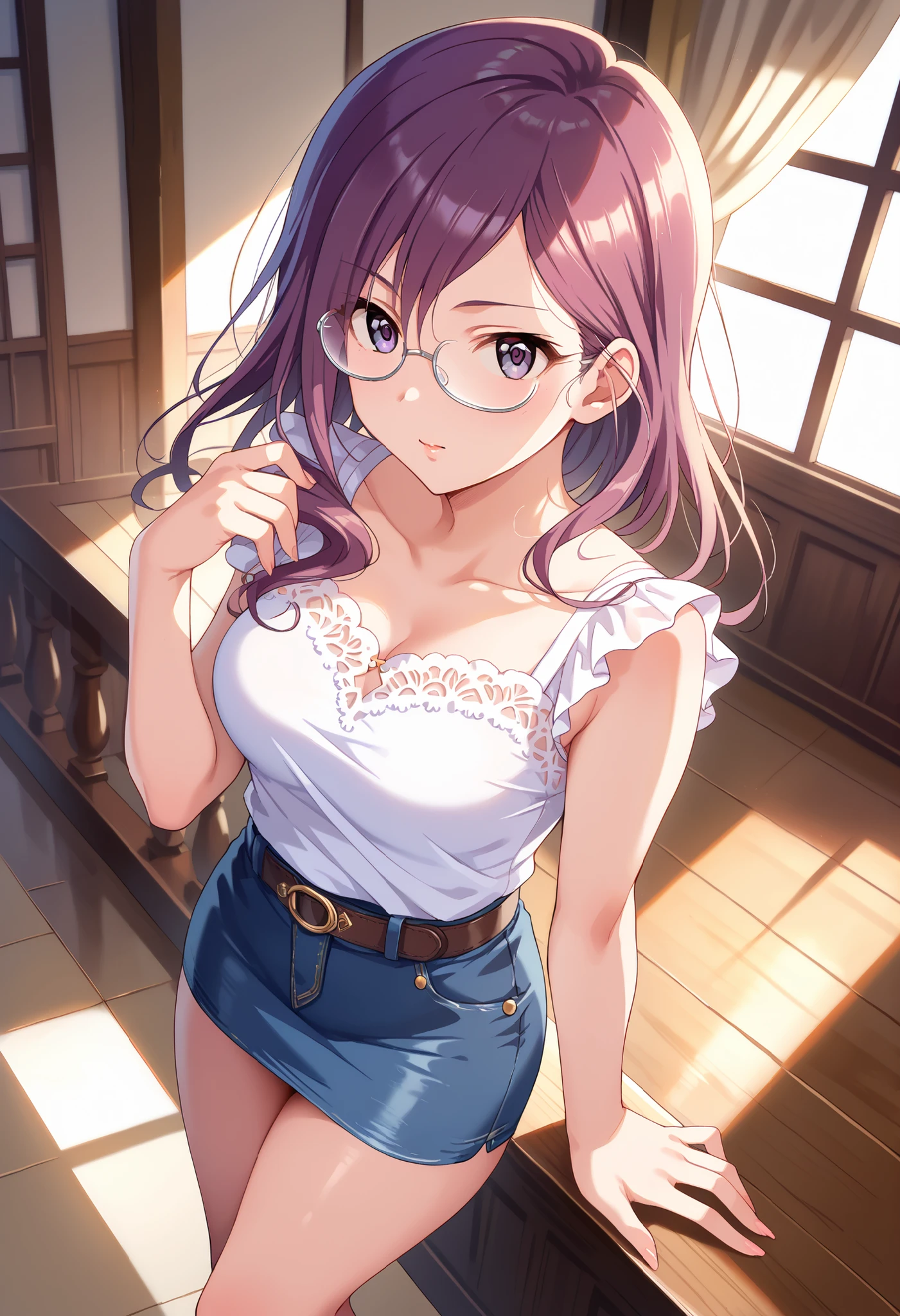 (((Yagami Makino))),light purple short sleeve blouse,denim tight skirt,Bare Chest,(((medium breasts))),(slightly long hair),((angle from above)),thin thighs,purple hair,Ulchan-6500-v1.1, ( RAW photos :1.2), beautiful detailed, very detailedな目,beautiful eyes, beautiful eyes,file size is large, high resolution, very detailed, of the best quality, [masterpiece:1.6], Awareness-raising, very detailed, CG, finely, of the best quality, 8K wallpaper, perfect body shape,very detailed,glasses