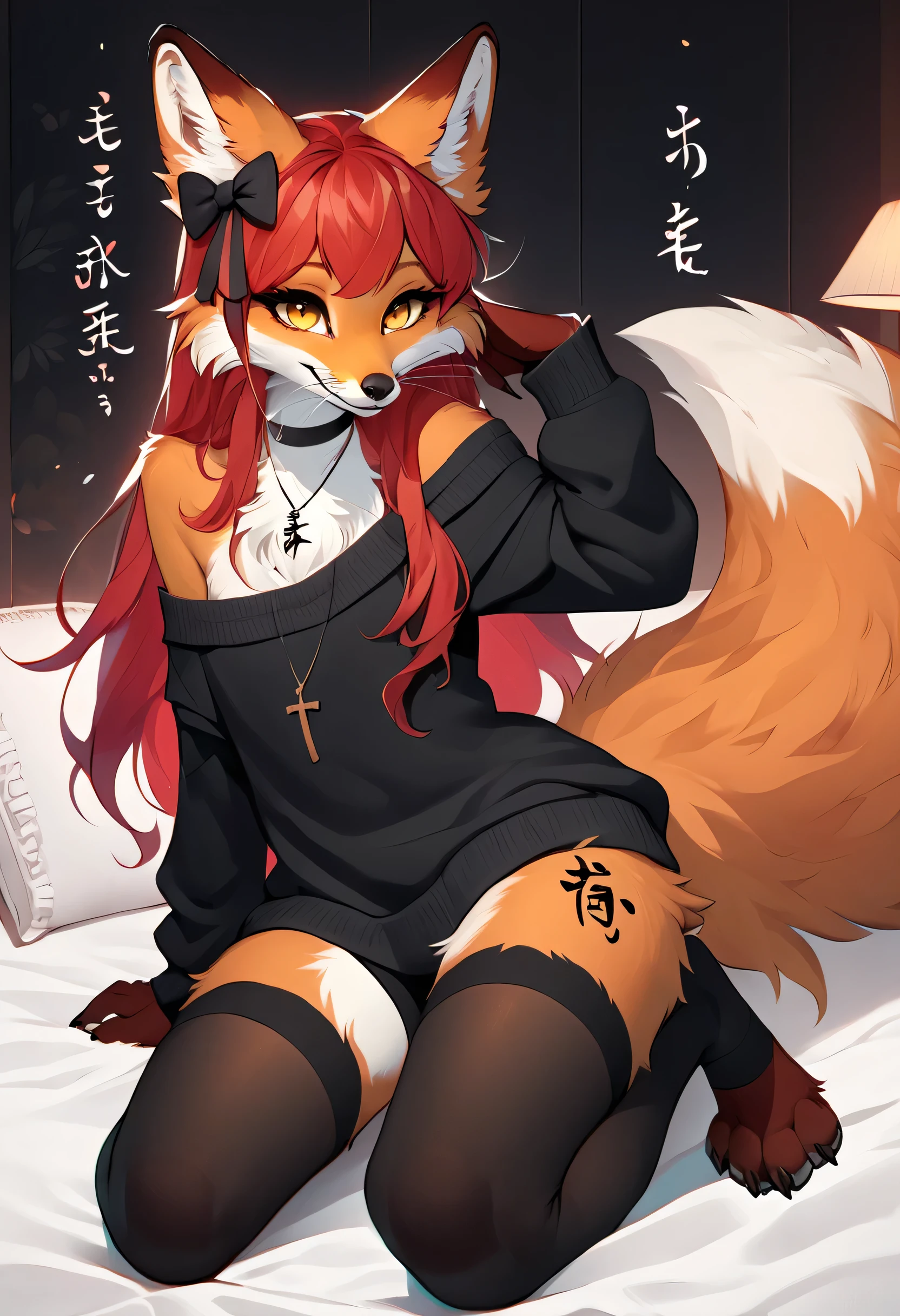 full body、Solo、unpralleled masterpiece、Detailed、Beautiful、score_core_8_up、score_7_up、score_6_up、moody atmosphere、mysterious、fox、anthro、female、furry、orange fur、yellow eyes、fluffy tail、foxy whiskers、(long hair、beautiful hair、scarlet red hair、side swept hair、bangs)、(fur tuft on chest、tuft of fur)、(digitigrade、claws、fox paws、exposed feet)、(heavily shaded orange body、dark black shading on body)、(sassy pose、sassy hips、sassy、flirtatious)、smile、wearing (Black simple stylish long socks、non-transparent thigh highs、Black crop off shoulder sweater、Colored hair bow、Classic long necklace)、indoors、in a bedroom、pillow、divine incantations on walls、japanese calliography