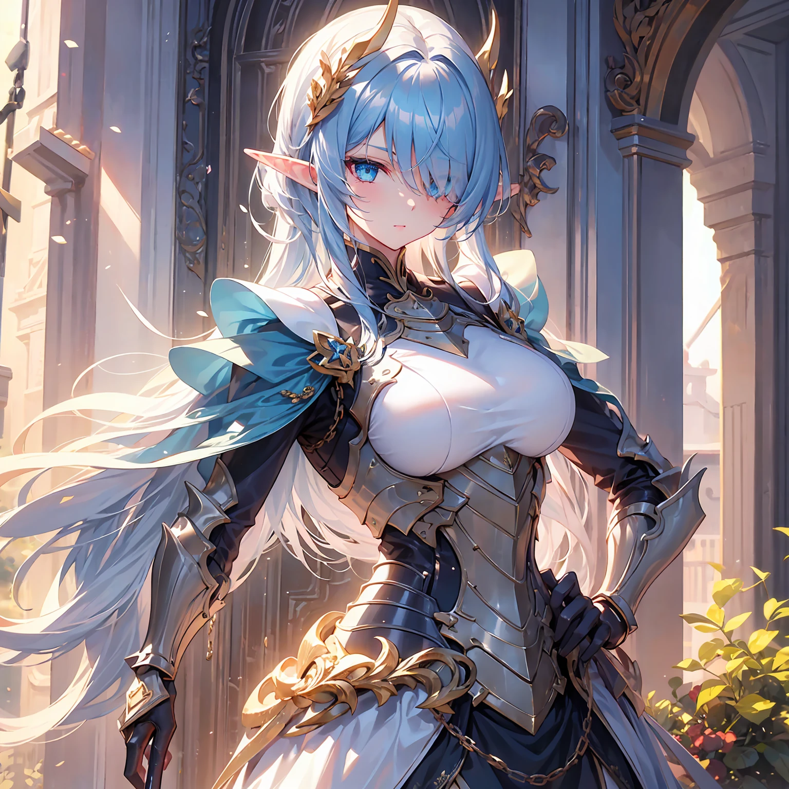 (Numerous award-winning masterpieces, with incredible details), Ultra HD, 8K, ((Extremely beautifull face)), (extremely detailed realistic face features), (beutiful light blue eyes), ((finely detailed true circle Symmetrical light blue eyes)), (She has a meloncholic face), (A majestic sight), short white hair, anatomic, small wraist with big hips, short hair, big breasts, realistic skin texture, pale skin, (realistic body: 1.8), (1girl standing in), epic mmorpg celestial transparent white outfit, fantasy castle background