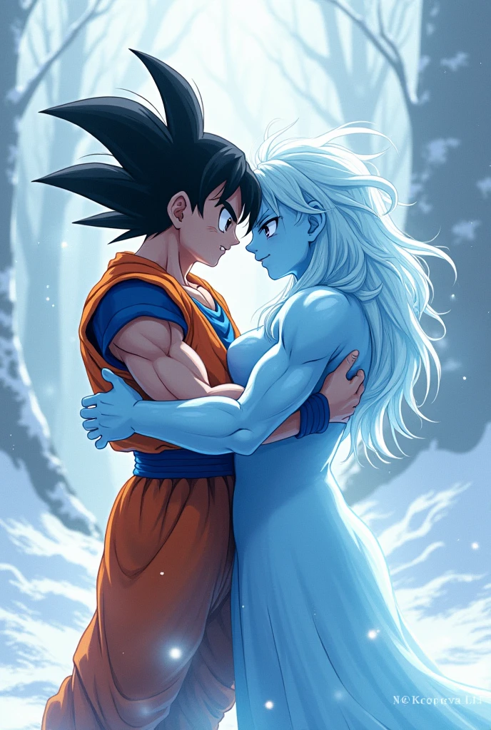 Ino Yamanaka from Boruto hugging Vegito from Dragon Ball Heroes