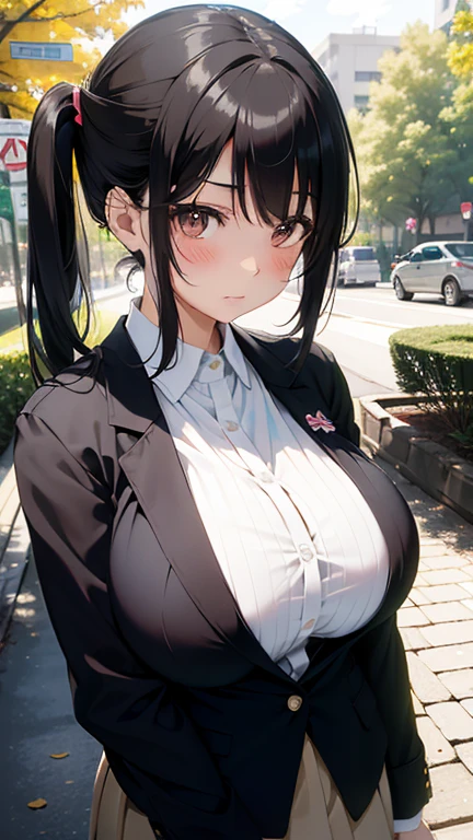 (masterpiece, 最high quality, 超High resolution, Very detailed), (Realistic:1.1, photoRealistic:1.4), Perfect illustration, Perfect lighting,Perfectly detailed hair, Perfect and exquisite face, Perfect collarbone, Perfect body,Juicy breasts, Perfect Thighs, Beautiful legs, View your audience, 1 person,Perfect Face, (Perfect Anatomy, Anatomically correct), Symmetrical face、((Shiny Hair)),Sexy Body、(masterpiece),(最high quality:1.3),8k,Very clear,(Ultra-realistic),Captivating woman,(high quality, High resolution, The finer details), Realisticなスタイルの女性,Juicy breasts、Perfect Woman、Perfect Face、Symmetrical face、Baby Face、((Big breasts))、blush、((Juicy lips))、Cowboy Shot、(((Long black hair)))、((Large, double-set black eyes、Long eyelashes))、(Red Makeup)、(((Collared shirt)))、((Pencil Skirt))、((Knee-high))、(Healthy and well-developed body)、((Big tits jk))、(Outdoor、On the road)