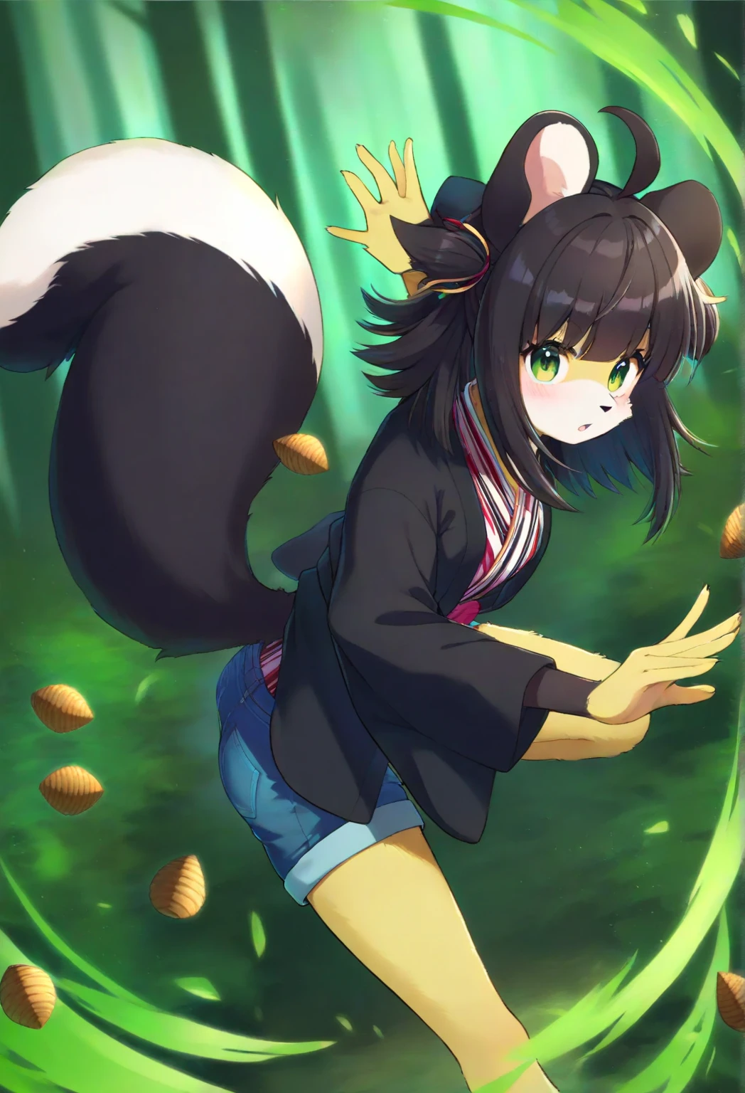 ((Forest background)), (((Skunk Girl))), (((skunk tail))), (((big tail))) ((animal ears)), little girl, flat chest, 13 years old, Black hair with a vertical white stripe in the middle of the front, happy, mischievous smile, green magical girl costume, holding a magical girl's magic wand, Green skirt, green white panties, ((((horizontal striped panties)))), (((heart-haped hole in the panties revealing anus))), anus, open anus, fart, farting, onara, big fart, Fart from the ass, Yellow smoke comes out of the anus, Farting non-stop, Yellow smoke, forest full of yellow smoke