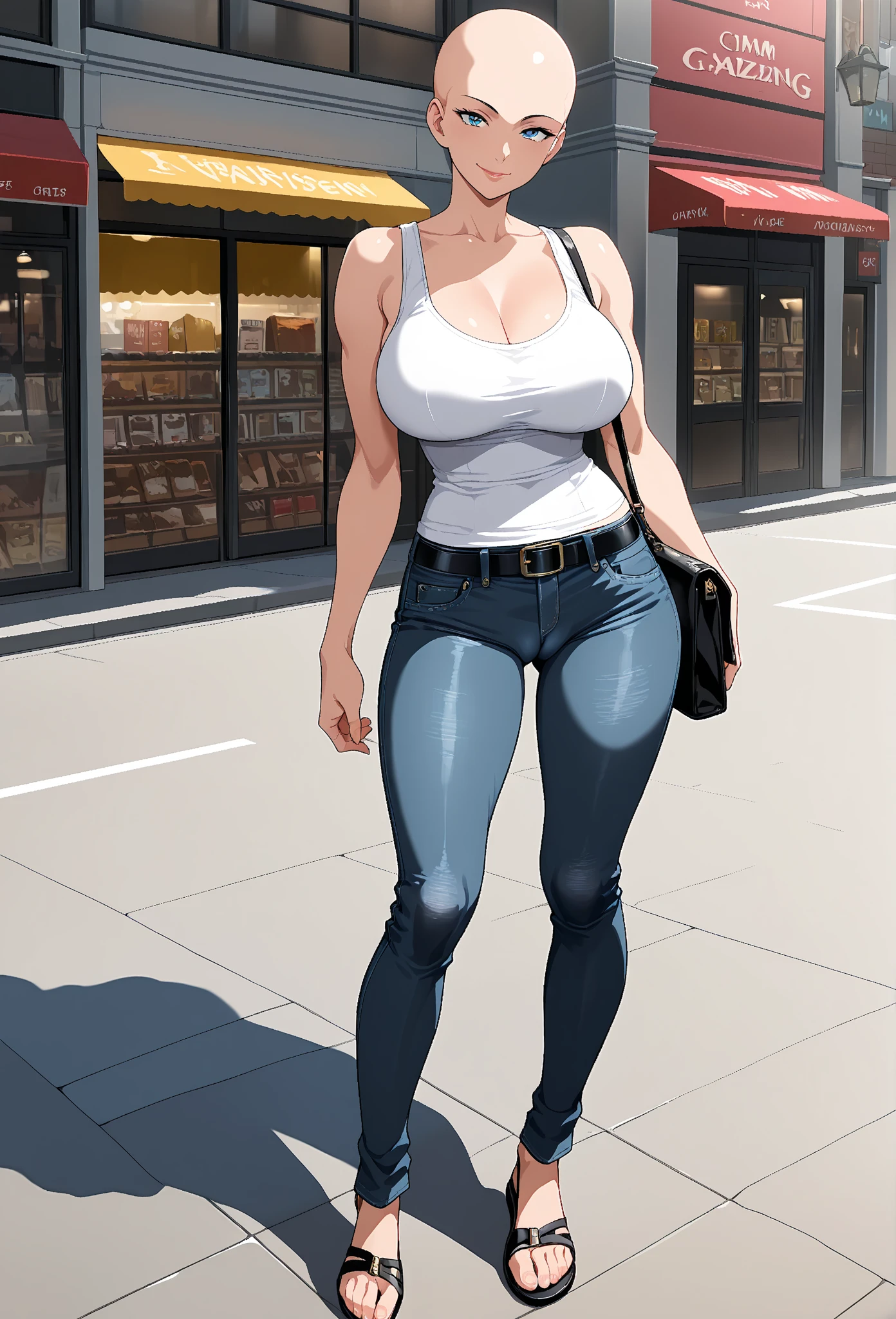 masterpiece, absurdres, hinata\(boruto\), 1girl, solo,mature female, black singlet, short jean pants, huge ass, outdoors, back street, cloudy sky, perfect composition, detailed lips, huge breast, cleavage ,beautiful face, body propotion, blush, (pink lips), purple eyes, soft gaze, sad smile, super realistic, detailed, photoshoot, realistic face and body, realistic hair, realistic eyes, realistic nose, realistic lips, black hair, short hair, detailed hand and legs, detailed eyes full body review