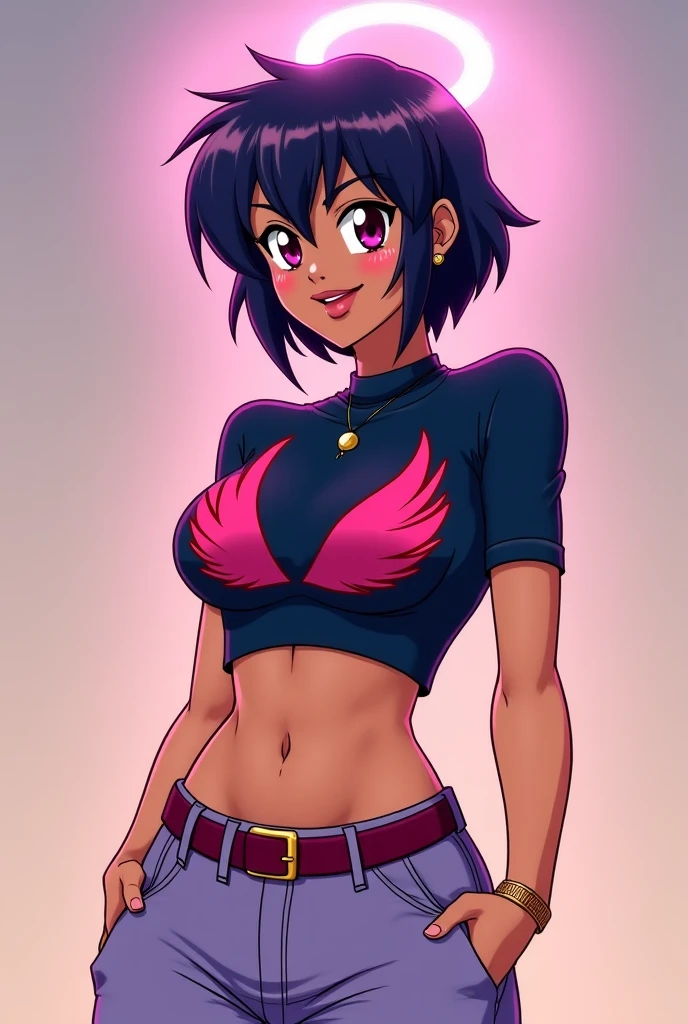 score_5_up, 1girl, solo, leaning forward, hands_on_own_knees, smug, looking at viewer, wearing (camisole, short shorts), cleavage, downblouse, dark-skinned female, short black hair, green eyes, tanlines, off_shoulder, shiny skin
