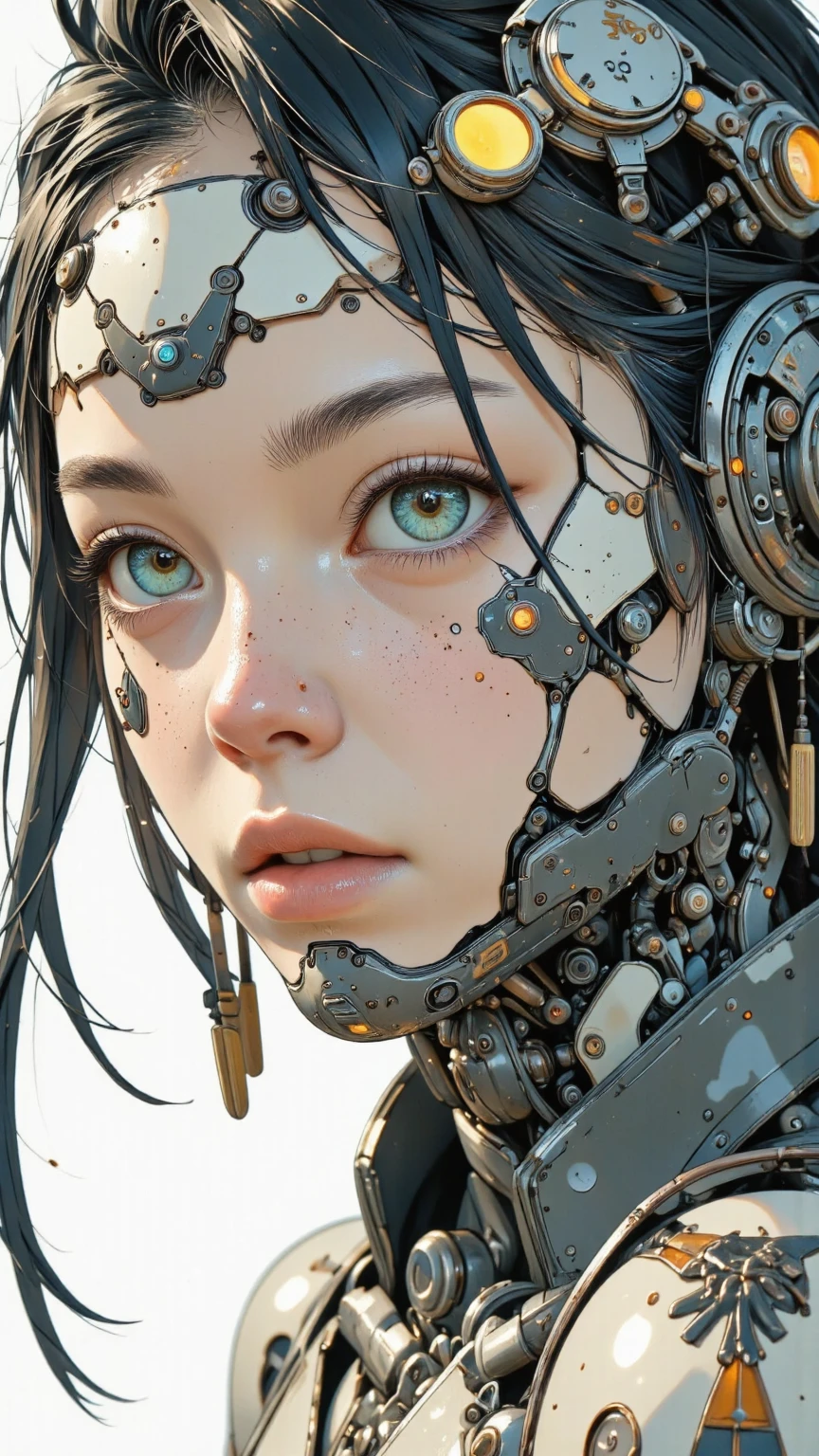 Dystopian, [sci-fi], High Detail RAW color Photo, Full Shot, rear angle, of (cute female arterial intelligence, wearing see-through white chemise), outdoors, standing, on overlook, looking out at sprawling cyberpunk city skyline), toned physique, large ass, (pale skin), perfect face, seductive look, (cybernetic implants:1.2), (augmentations), (cyborg:1.1), (detailed skin, diffused skin pores), silicone, metal, (highly detailed, fine details, intricate), (lens flare:0.5), (bloom:0.5), smog, dust, (badlands:0.8), (observitory:0.7), raytracing, specular lighting, shallow depth of field, photographed on a Sony Alpha 1, EF 85mm lens, f/2.8, hard focus, smooth, cinematic film still, [Cyberpunk:Orwelian:12]
