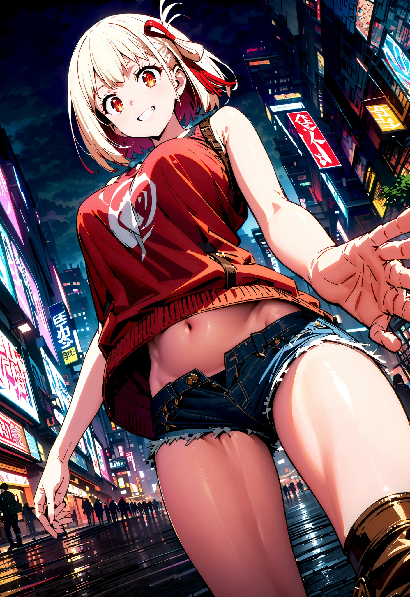 Masterpiece, highest quality, high definition, full body, girl alone, low angle, from directly below, looking up from the feet to the head, blonde hair, bob cut, red eyes, sparkling eyes, ruby eyes, tanned skin, chocolate brown skin, dark skin, underwear, underwear drawn in detail, sexy underwear, risqué underwear, irreverent facial expression, perpetual summer island, under the blue sky