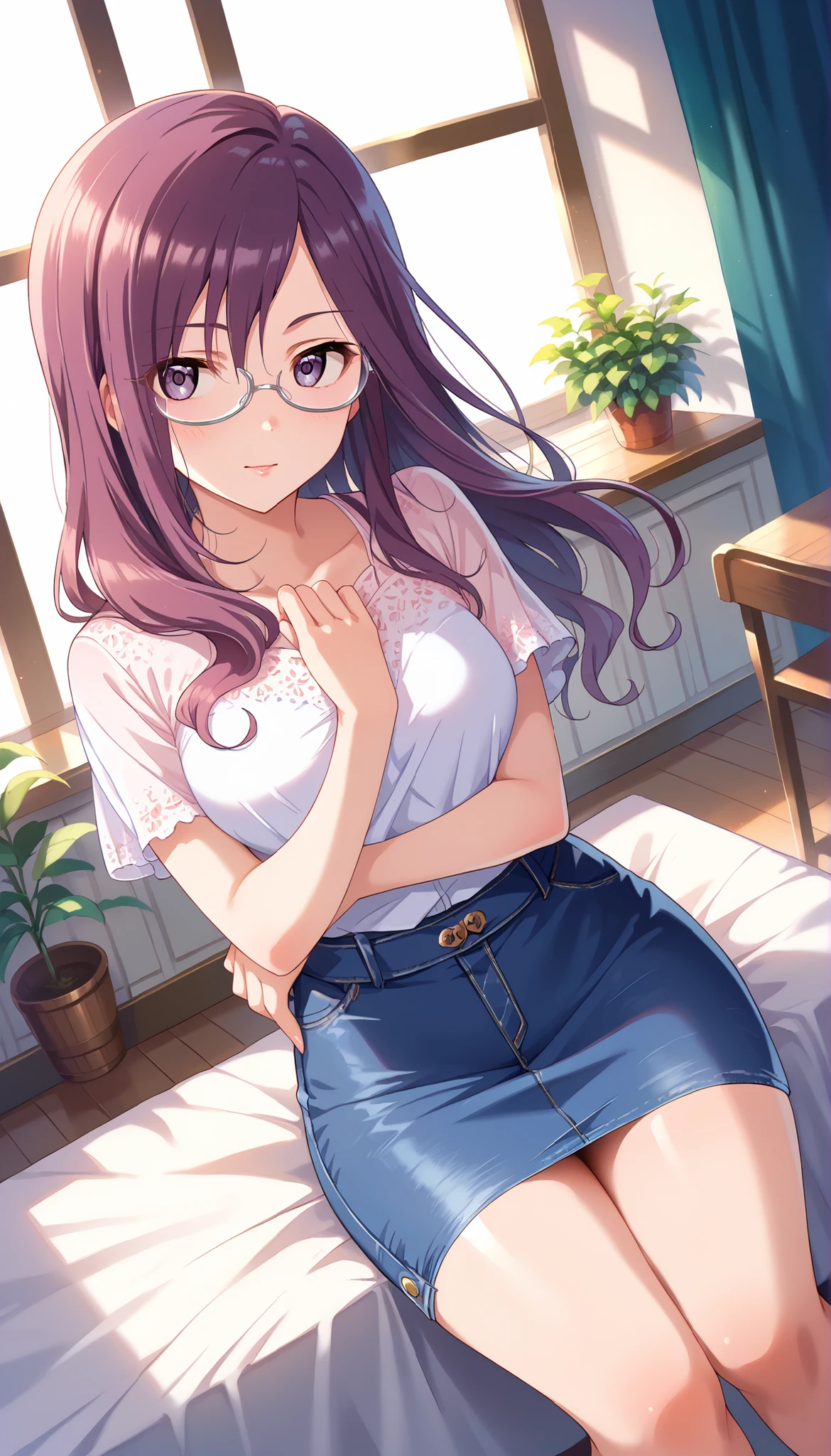 (((Yagami Makino))),light purple short sleeve blouse,denim tight skirt,Bare Chest,(((medium breasts))),(slightly long hair),((angle from above)),thin thighs,purple hair,Ulchan-6500-v1.1, ( RAW photos :1.2), beautiful detailed, very detailedな目,beautiful eyes, beautiful eyes,file size is large, high resolution, very detailed, of the best quality, [masterpiece:1.6], Awareness-raising, very detailed, CG, finely, of the best quality, 8K wallpaper, perfect body shape,very detailed,glasses
