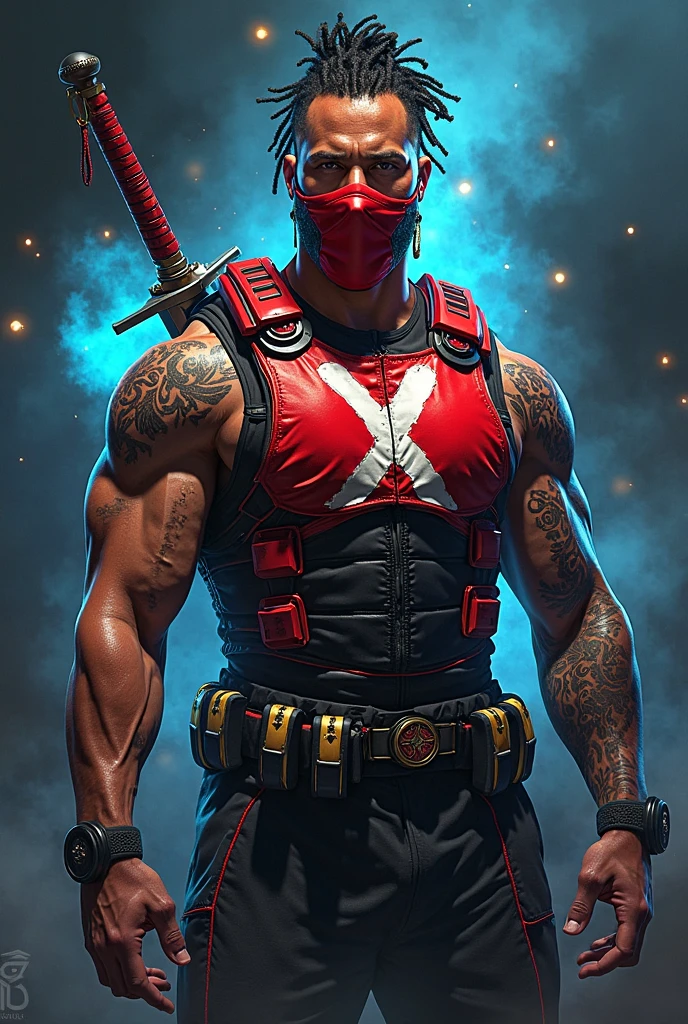 Mafia, male, 45 years old, exuding a dangerous aura, white skin, well-proportioned figure, handsome face, ivory skin, strong physique, red eyes, brown hair, prominent eyebrows, intricate and detailed retro gun tattoos on both arms, black jacket, pants and gloves, and a stern face. A cigar is biting on his mouth, anime