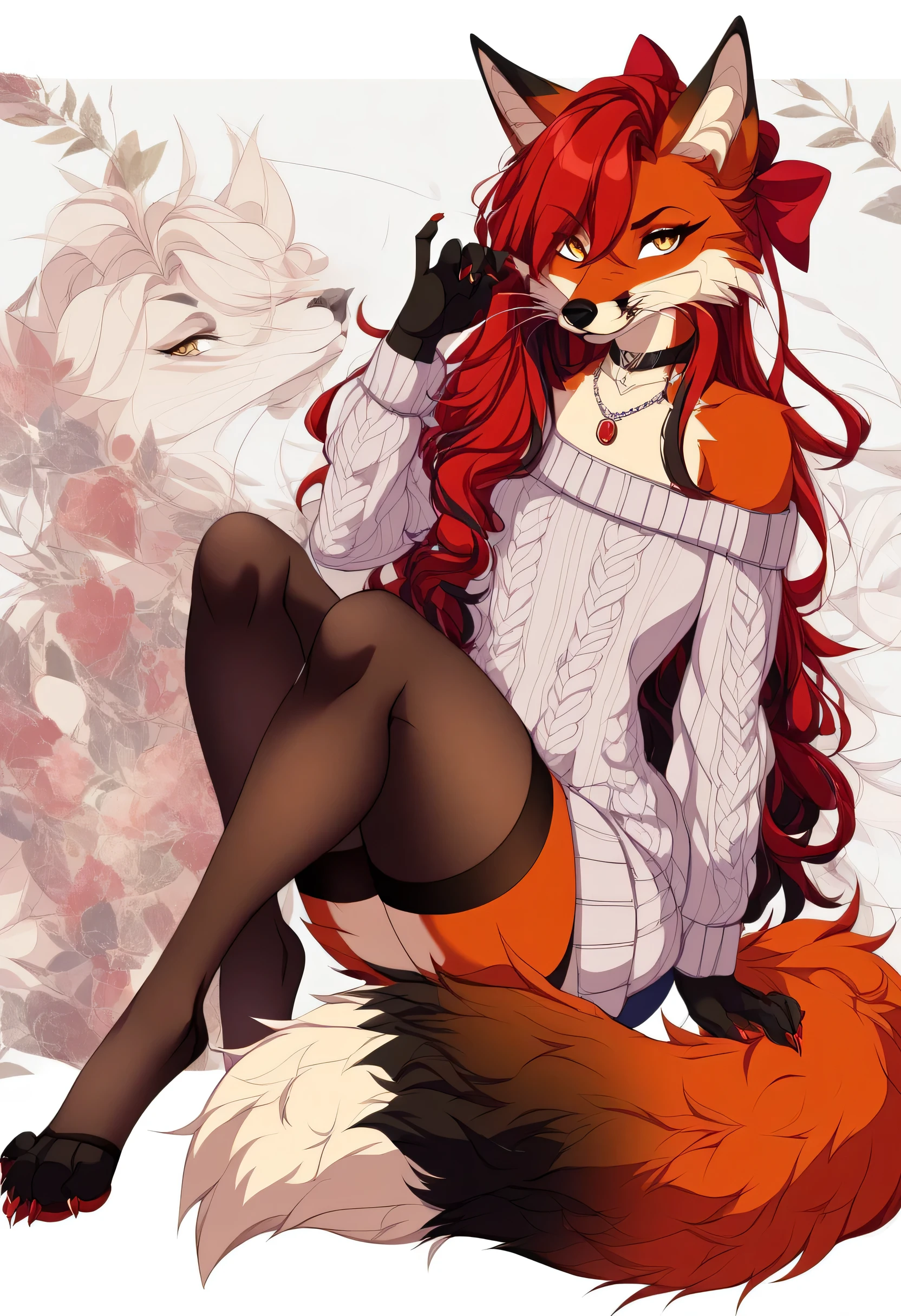 Solo、unpralleled masterpiece、Detailed、 Beautiful、 score_9、 score_8_up、 score_7_up、moody atmosphere、mysterious、fox、anthro、furry、female、orange fur、(long hair、beautiful hair、scarlet red hair、side swept hair、bangs)、yellow eyes、(digitigrade、claws、fox paws、exposed feet)、(foxy whiskers)、(sassy pose、sassy hips、sassy、flirtatious)、fluffy tail、wearing (Black simple stylish long socks、non-transparent thigh highs、Crop off shoulder sweater、patterns on sweater、Colored hair bow、Classic necklace)、night、gazing at viewer with side eye