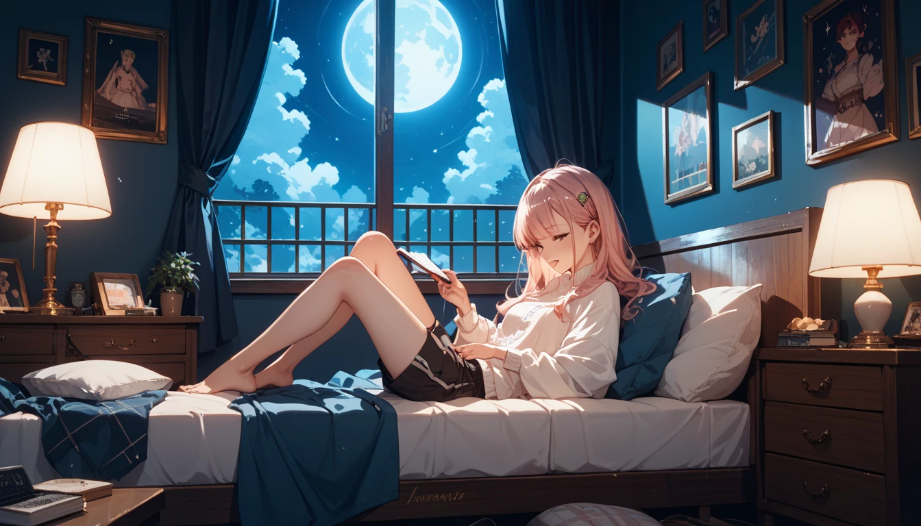 (super masterpiece Highest quality High resolution High resolution) Lo-Fi Style、anime、A woman wearing headphones is lying on her bed and reading a book。、20Year、美しいeye(eye) Hair is about waist length Her hair is light pink、(Gloss)Casual clothing、(Anatomically correct) Room with a night view、I have a fluffy white kitten.、coffee、magazine、There are a few small potted plants.、computer、that'It's raining outside、Water droplets on the window、stylish、Close-up imYears、