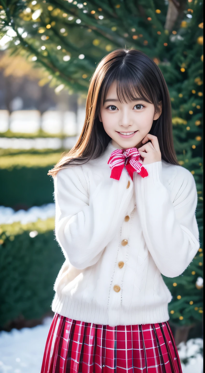 1 girl, (o Student),Japanese Gravure Model, (cute like an idol:1.2), a beauty girl,   Discrete Breasts ,  cleans facial skin , smiles shyly, not clear, (Japanese High School Uniform Sailor Collar:1.0), ( fluffy pink wool sweater 、 Red Checkered Pleated Skirt:1.2), full body lesbian、 ( beautiful snowy Christmas tree :1.5), (dynamic angle, dynamic pose:1.0), BREAK's masterpiece , of the best quality, high resolution,  details skin,  details,  details face and eyes, nothing, natural light, Perfect Anatomy, physics-based rendering, photorealistic, Symmetrical bright eyes, well-groomed face,age girl,  Perfect Figure,   Transparency,  hposing gravure idol,