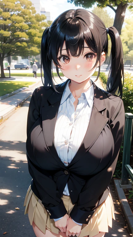 (high quality, High resolution, fine details), Pavement, View from the side, Alone, Girl, Shiny black hair, School uniform, sparkling eyes, (Large round frame glasses), (detailed eyes), medium breasts, tits, neckline, ((gentle smile)), blush, sweat, oily skin, (focus face), shallow depth of field