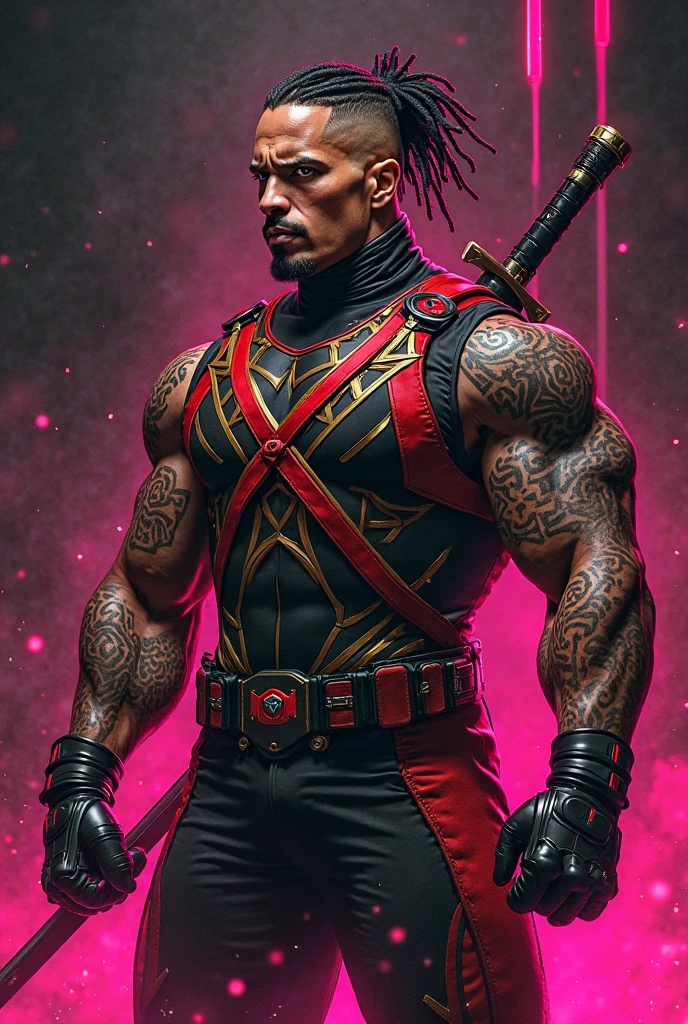 Creates an anime character, black man, thin hair, big nose, tall, strong and very handsome with scars all over his body and tattoos, with a fighting outfit and a red cloak
