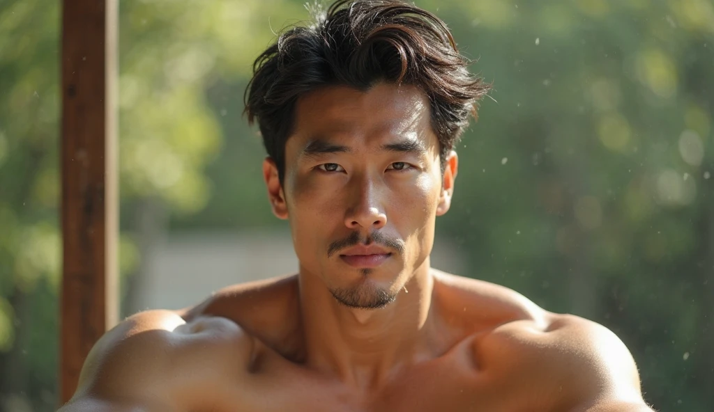 A 20-year-old Japanese muscular rugby player in wet briefs sits with his legs spread wide open by a mountain stream。muscular thick very short hair Topless