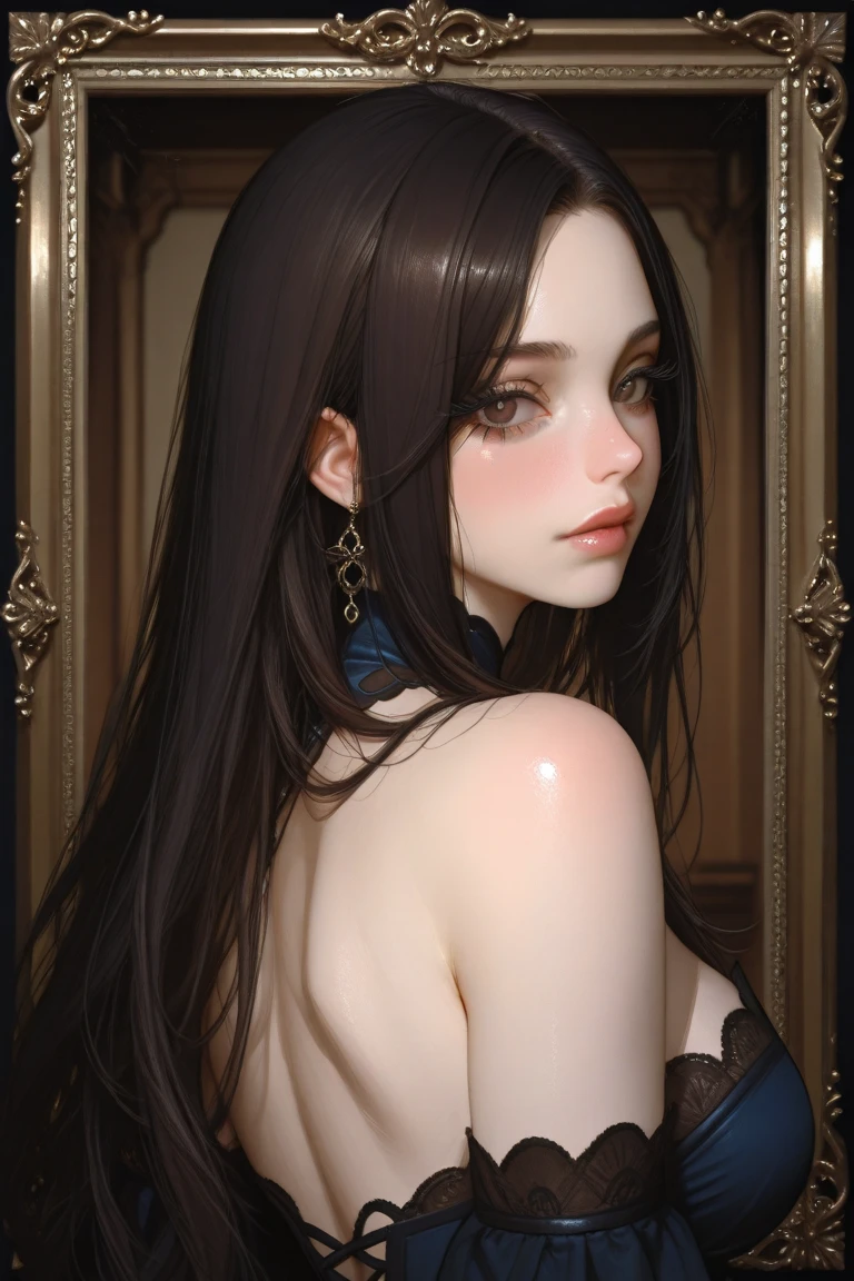((best quality)), ((masterpiece)), (detailed), perfect facea female character ,sexy body,black eyes, long wavy hair , short black dress ,droopy eyes. Without bangs, her forehead is visible.Her face fell more mature and sexy. background ancient mansion hallway. slightly European clothes