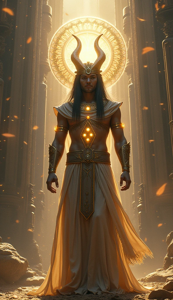 A full-length statue of the sexual young man with beautiful opened silver eyes looking forward with silver skin - God of the moon, made of silver, arabic appearance, naked in a floor-length silver skirt, covered with a hood, semicircular symbols on clothes
In the temple with Arabic architecture made of silver, dark fantasy style