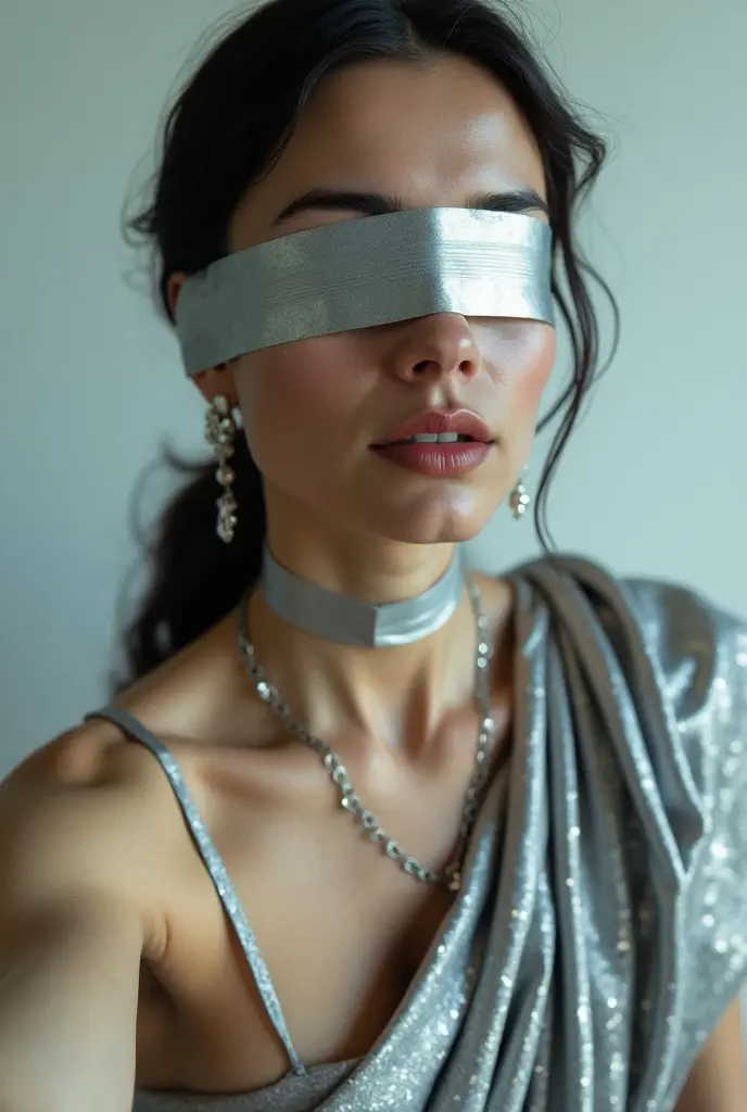 Aesthetic Indian Girl blindfolded Duct tape gagged in sexy silver shimmering prom saree Taking selfie