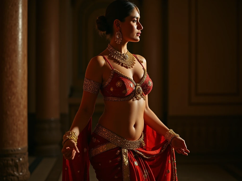 The disrobing of Draupadi, her belly exposed in the palace.