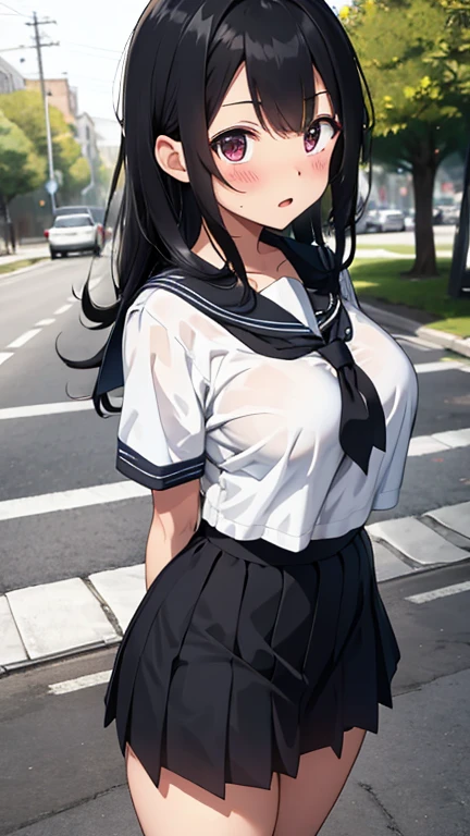 high school girl、beautiful girl、Black Hair、Big breasted body type、Big Hips、From behind、Sailor-style 、She is flipping up her navy blue pleated skirt、Flushed Cheeks、Moist eyes、Shy expression、The veranda on a rainy day、Erotic atmosphere、Immoral scene、Sensual scene、Wet Hair、Wet Skin、Wet clothes、