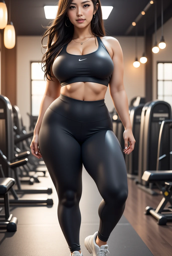 3, Beauty Indonesian MILF, ((Large Tits)) ((Thin and wet Tank Top)), ((Tight Legging)), ((Wet Body)), Curvy Body, Breast about To burst out from her clothes, at Gym, Dark light, at Nighttime.