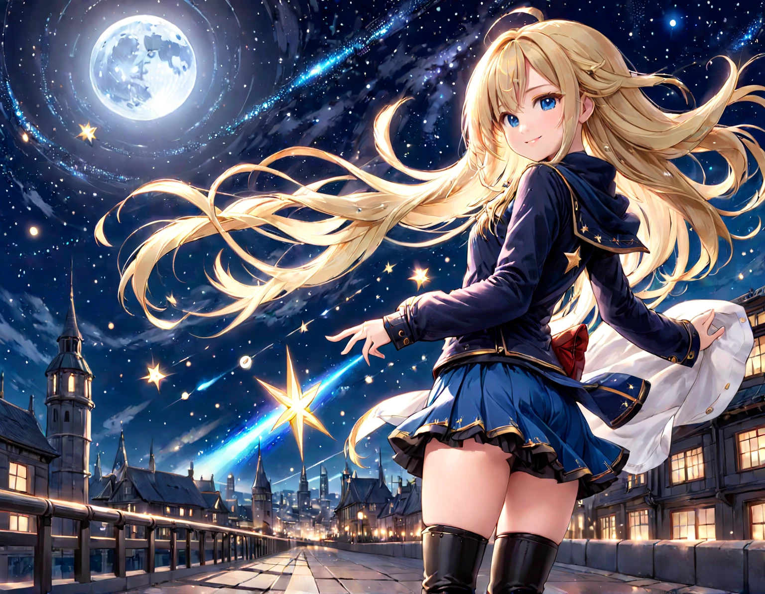 (peek from behind,looking with fingers crossed:1.1),Delicate depiction of fingertips:1.1,A city in another world:1.0,full body description:1.0,beautiful feet:1.1,With thin rags,mini skirt,smile,1 beautiful girl,blue eyes:1.2,universe,long hair fluttering in the wind:1.1,(blonde hair,long hair to the waist,Detailed depiction of hair),(8K high quality),small face,knee high boots,all,shooting star,meteor,full moon,wink:1.2,unparalleled beauty,ultra high resolution,mysterious beautiful girl
