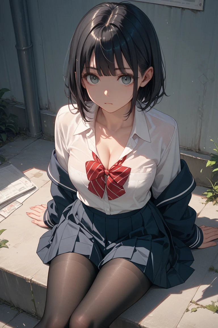 ((masterpiece,Highest quality:1.3,best quality illustration)),((realistic:1.2)),cowboy shot,独奏,1woman,18 year old beauty、black hair,short bob hair,(center parted bangs),black eyes,(gorgeous big eyes),((very small head:1.3)),shy,((slender body,skinny)),(tan skin:1.4),small breasts,White short-sleeved collared shirt、red bowtie,A navy blue pleated mini skirt with rolled up hem、White panties),gleaming skin,oily skin,slender body,sweat, sitting,spread legs,Simple bed、Simple bedroom、Tokyo、nsfw,