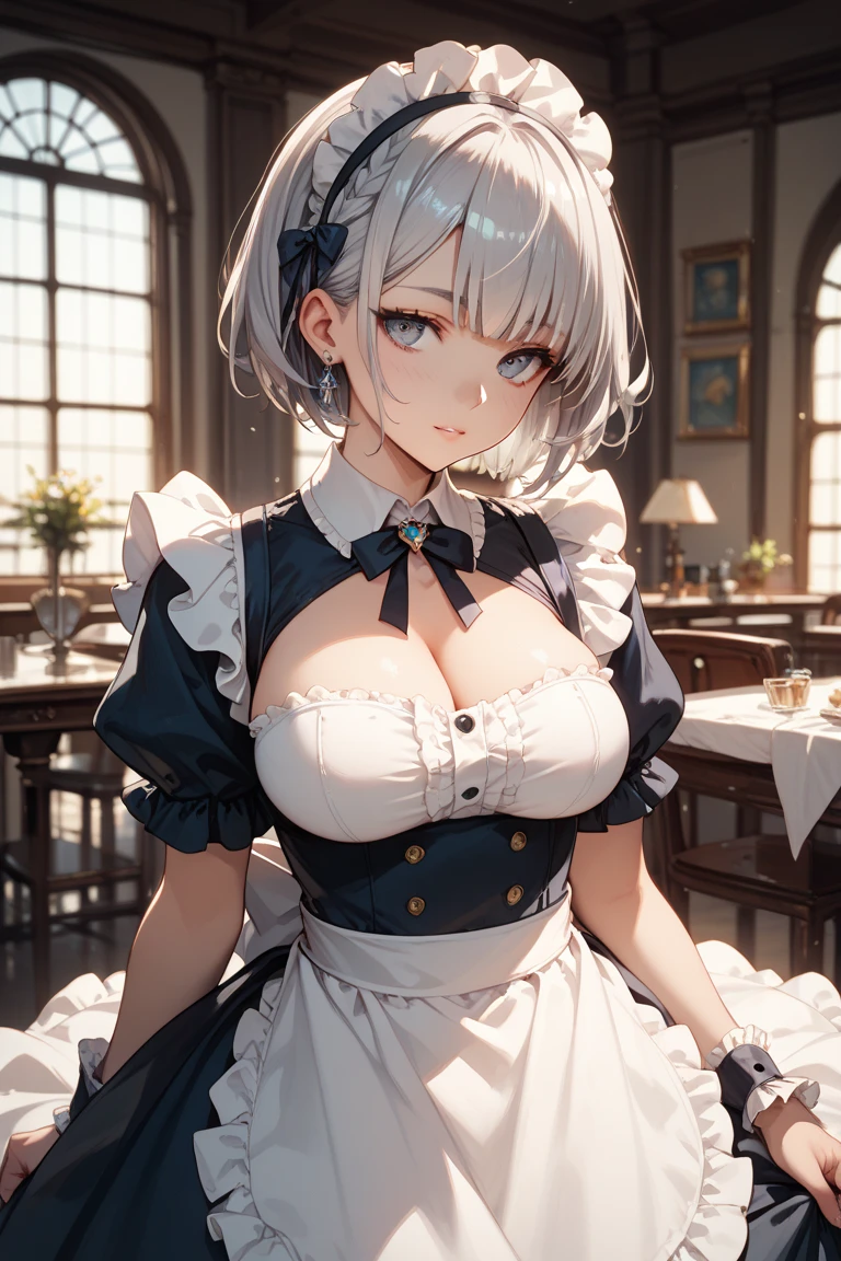 (Highly detailed CG Unity 8k wallpaper),(masterpiece), (highest quality), (Super detailed), (Best illustrations),(Best Shadow), Large Breasts White Hair classroom Cultural Festival mini skirt Maid outfit Bending over to reveal cleavage Make it visible to your audience Men sitting on chairs