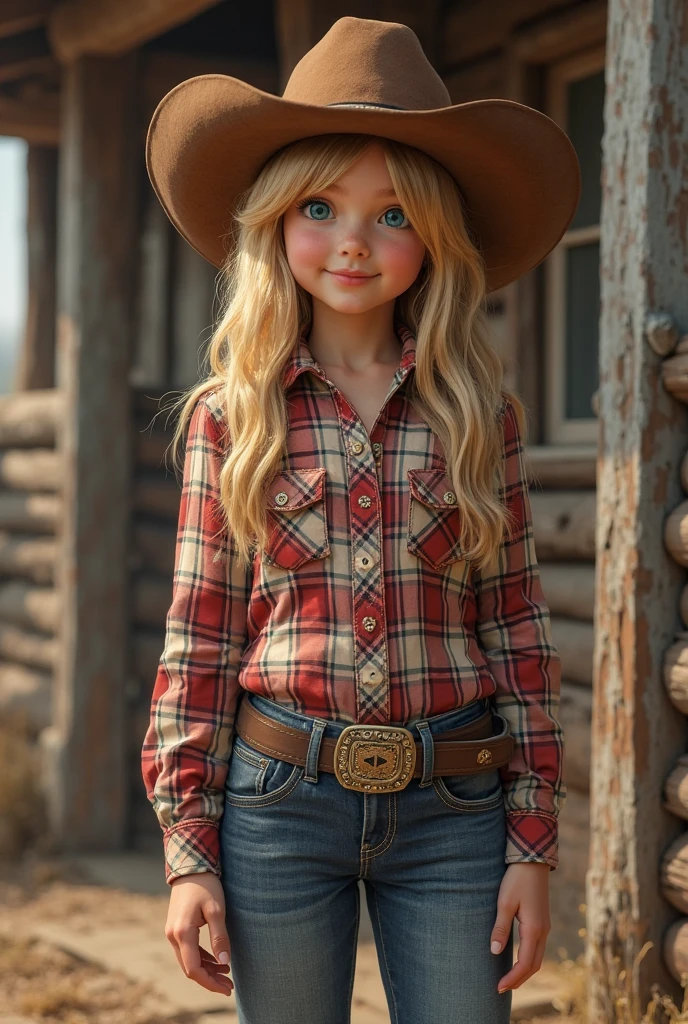 Girl child 10 years old, Russian blonde in braids, in red jacket outfit, farmer's hat, holding wheat in her hands, hay rolls on the floor