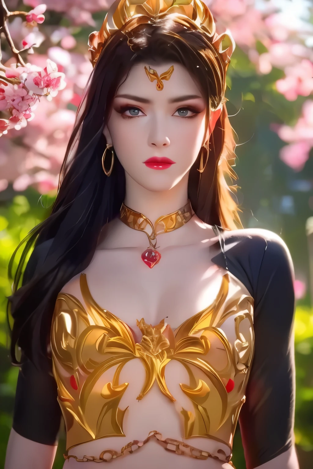 One 20 year old girl, breast 1.1, navel,upper body,bare shoulders,wears red tube top,red skirt, blue gems,shiny skin,hand in own hair,(mature female),milf, beautiful cai lin, deep blue eyes, jet black long hair, face symmetry 8k resolution high quality. background: around the garden surrounded by Sakura trees with fluttering sakura petals,
Image from head to thighs, hourglass figure, bare round shoulders, exposed midriff, a tilak on her forehead,ornamental logo on her forehead, snake crown, necklace, earings with blue gem, long black hair bangs, pointy ears,golden bracelet,Bright lightening under the sun through sakura canopy. High quality 16k resolution,( HDR :1.5), cinematic look, ultra-detailed,ultra lightening, (photorealistic :1.2), long thin straight eyelashes, dense black eyelashes,sharp eyes, diamond shaped head, straight nose, closed heart shaped lips, front view pose looking at viewer, sexy,