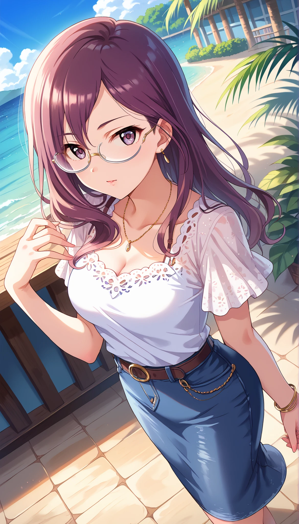 (((Yagami Makino))),light purple short sleeve blouse,denim tight skirt,Bare Chest,(((medium breasts))),(slightly long hair),((angle from above)),purple hair,Ulchan-6500-v1.1, ( RAW photos :1.2), beautiful detailed, very detailedな目,beautiful eyes, beautiful eyes,file size is large, high resolution, very detailed, of the best quality, [masterpiece:1.6], Awareness-raising, very detailed, CG, finely, of the best quality, 8K wallpaper, perfect body shape,very detailed,glasses