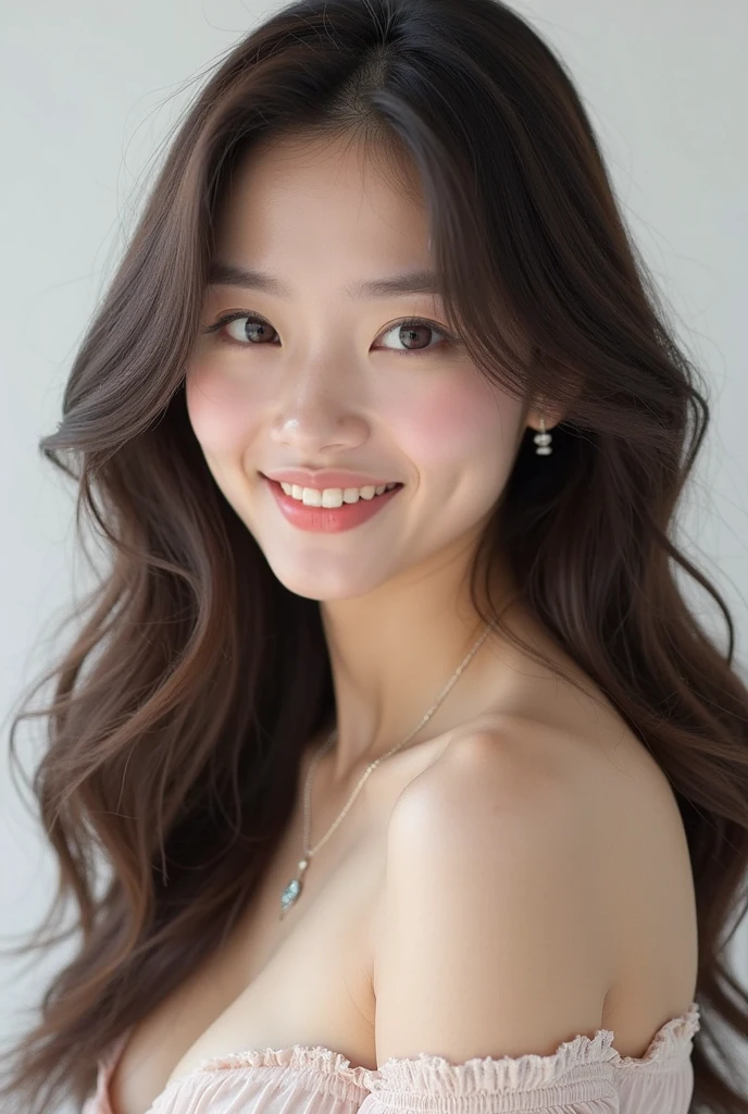 best quality,realistic,knee to top, beautiful detailed eyes,beautiful detailed lips,extremely detailed eyes and face,long eyelashes,professional,vivid colors,soft lighting,hospitable smile,caregiving attitude,kind eyes,long brunette hair,small breast,happy and friendly expression, looking at me smiling  Gorgeous woman, looking forward seductively, nude, looking up at me