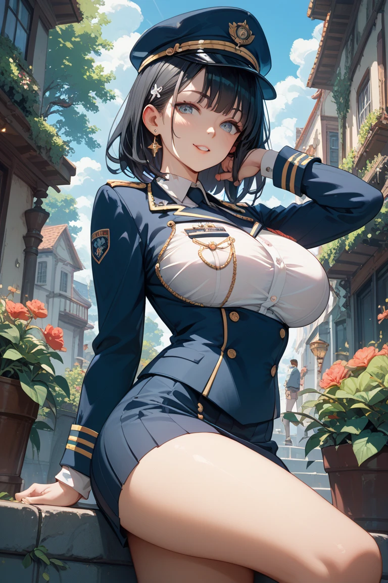 1 girl、Earth Federation Forces operator girl soldier、black short hair、Idol class cuteness、baby face、Attach operator intercom to head、accurately drawn face、Slender but big breasts、healthy thighiniskirt type Earth Federation Forces uniform、knee high、Inside the bridge of a battleship、anatomically correct、precise fingers、exact limbasterpiece、Photorealise