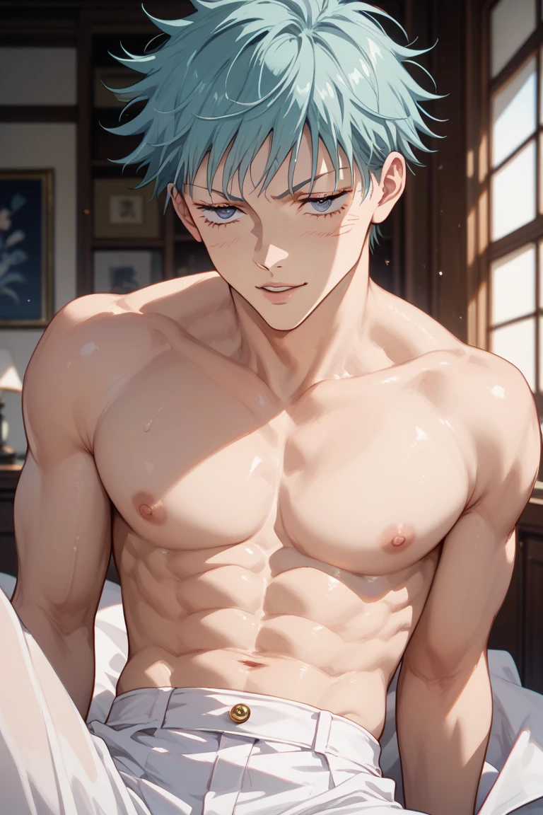 absurdres, highres, ultra detailed, HDR, master piece, Gojou Satoru, white hair with bangs, white eyelashes, expressive blue eyes, hair between the eyes, bare chest, toned chest, Jujutsu Kaisen, sexy man, room, handsome, best quality, flowers, fantasy, magical, solo, blue shining fireflies, blue petals, black round sunglasses, handsome smile, white baggy pants
