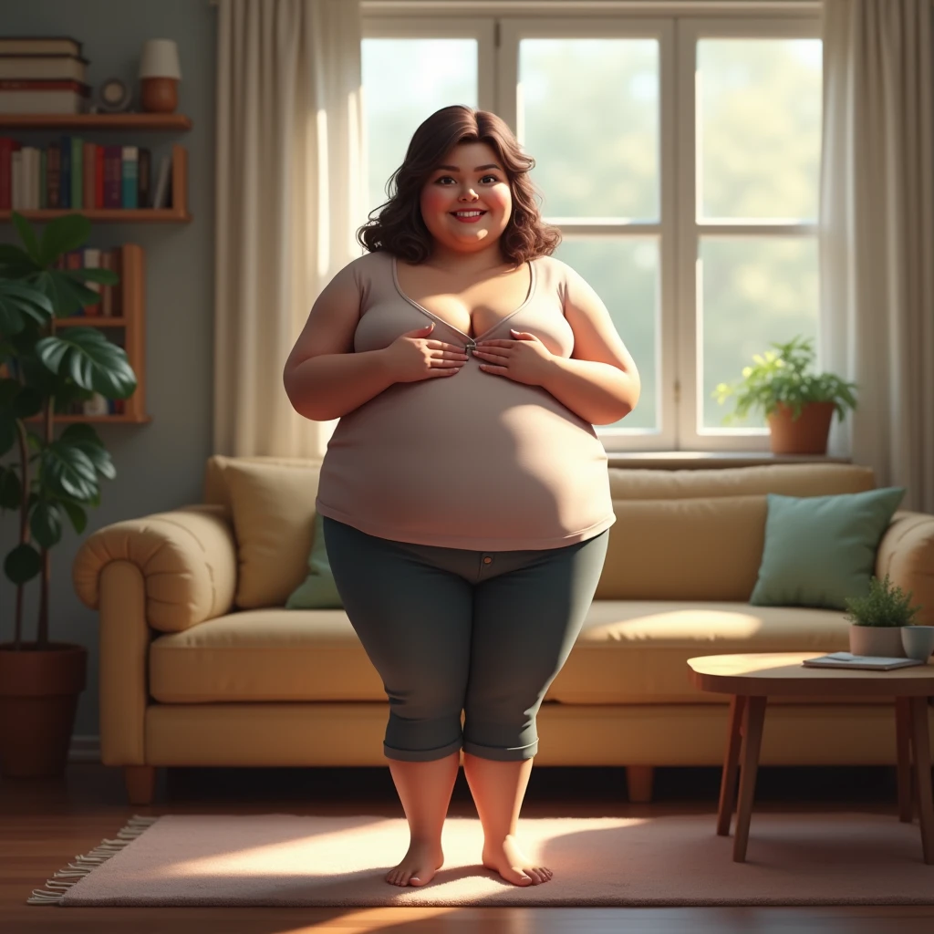 il y a une femme en chemise blanche et culotte noire qui pose, she has a round and big belly, thick, bbwchan, her belly is big and round, sultry body with sexy belly, attractive plus size model, her navel is exposed, hyperrealistic complete figure, corps thick, large stomach, curved model