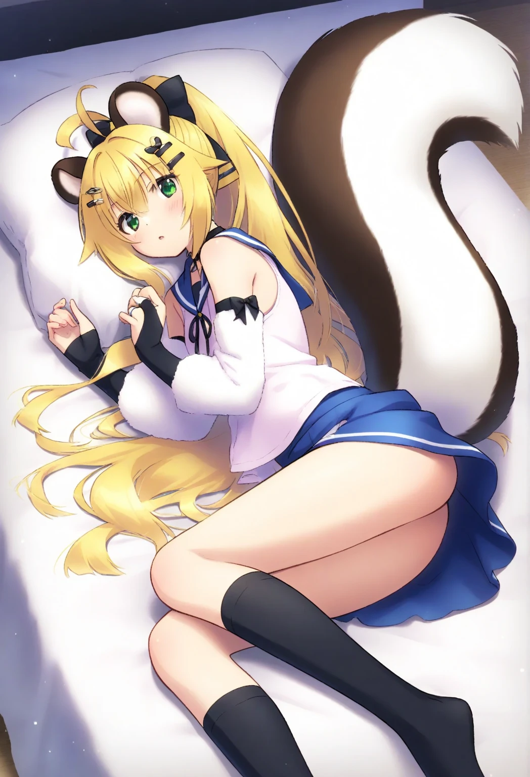 score_9, score_8_up, score_7_up, score_6_up, score_5_up, score_4_upsource_furry, a female anthro fluffy, 1girl, solo, female, furry, anthro, fluffy tail, small breasts, tiger, striped fur, yellow eyes, anthro, tkflora, looking at viewer, bird-eye view, on bed, (school uniform, black stockings:1.2), skirt lift, shy, blush, personalami style, pink panties