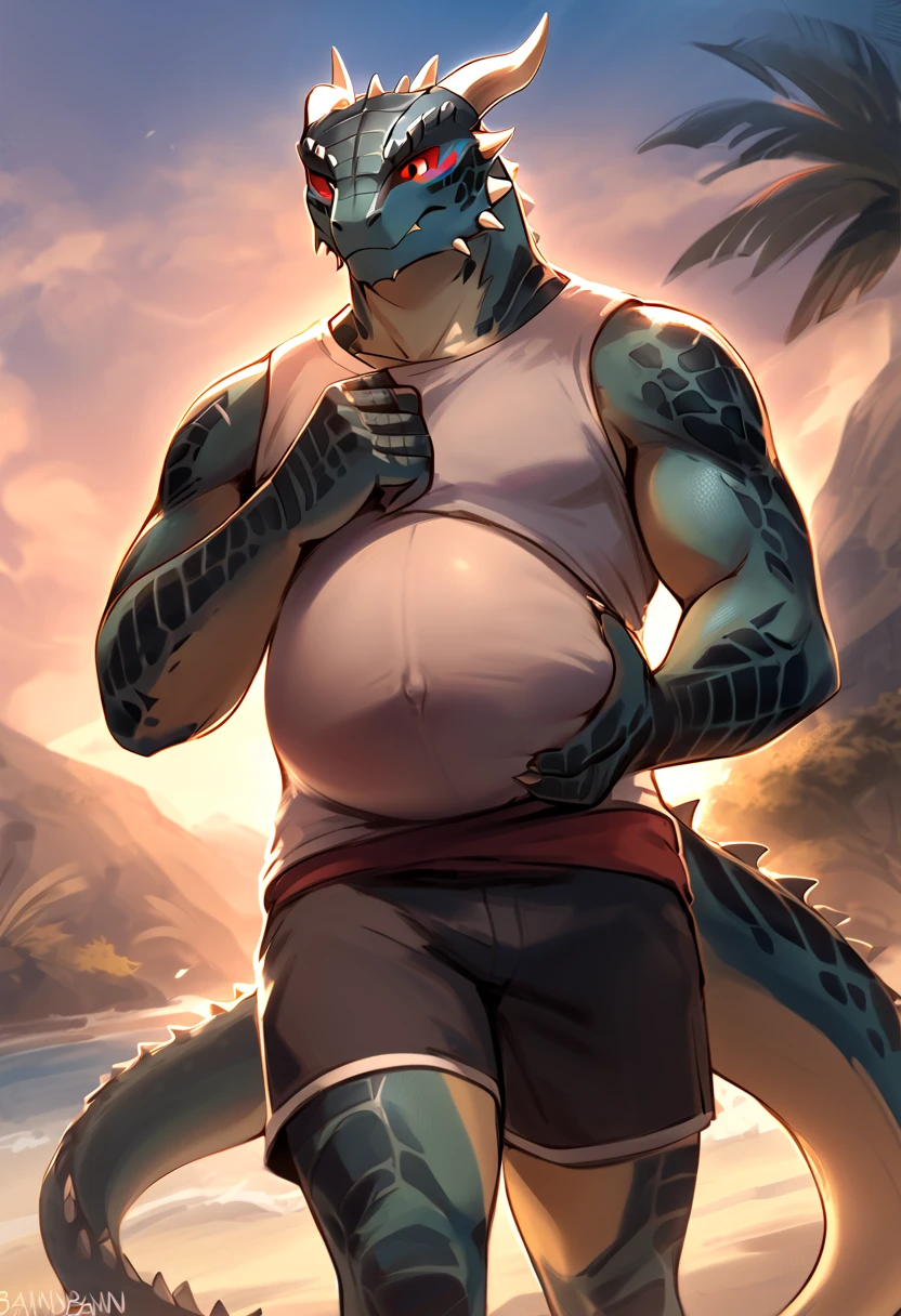 Big buff dark blue cartoon alligator with a oversized inflated dark blue stomach, deep blue, big bellybutton, dark blue back, Black transparent spiky tank top overhanging on top of his huge stomach, blowing bubblegum, green necklace with dragon tooth, concerned look on his face, high pink blushing, spiky beige mohawk hairline, red arm necklace, muscular build with nipples, body hair on his chest and on his oversized stomach, water dribbling from his muscular body, Black shorts, sandals, sitting in a swamp lake and farting out a huge enormous light green toxic gas cloud with bubbles coming out from the water leaving a putrid smell。
