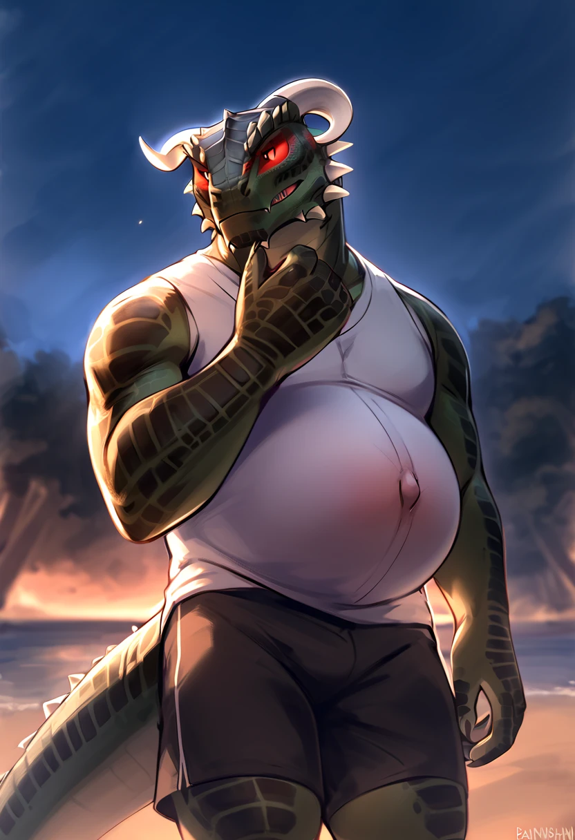 Alligator, sobek, Egyptian god, huge muscles, massive bulging belly, vore, proud expression, low angle, massive bulge