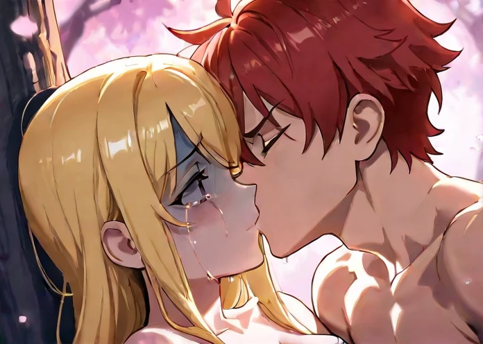 Adult anime woman with long red hair, red eyes and thick red lips wearing teal lingerie, kissing an adult anime boy with long blond hair and blue eyes next to her. He has an athletic body and is wearing turquoise blue boxer shorts with a navy blue trim..