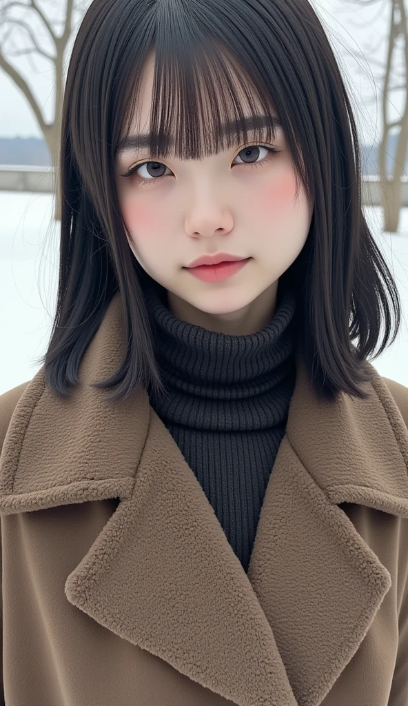 Mhikaru, A girl, Wearing a black jacket, Mullet Hair, bangs. In winter, it snows on the streets of Tokyo, Japan. She took a selfie with her iPhone in her left hand and a hot drink in her right hand, smiling as she gazed at the camera
