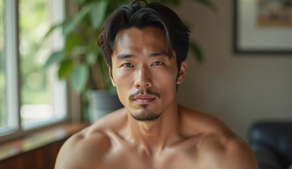 Erotic sex with a Japanese man with an erect penis