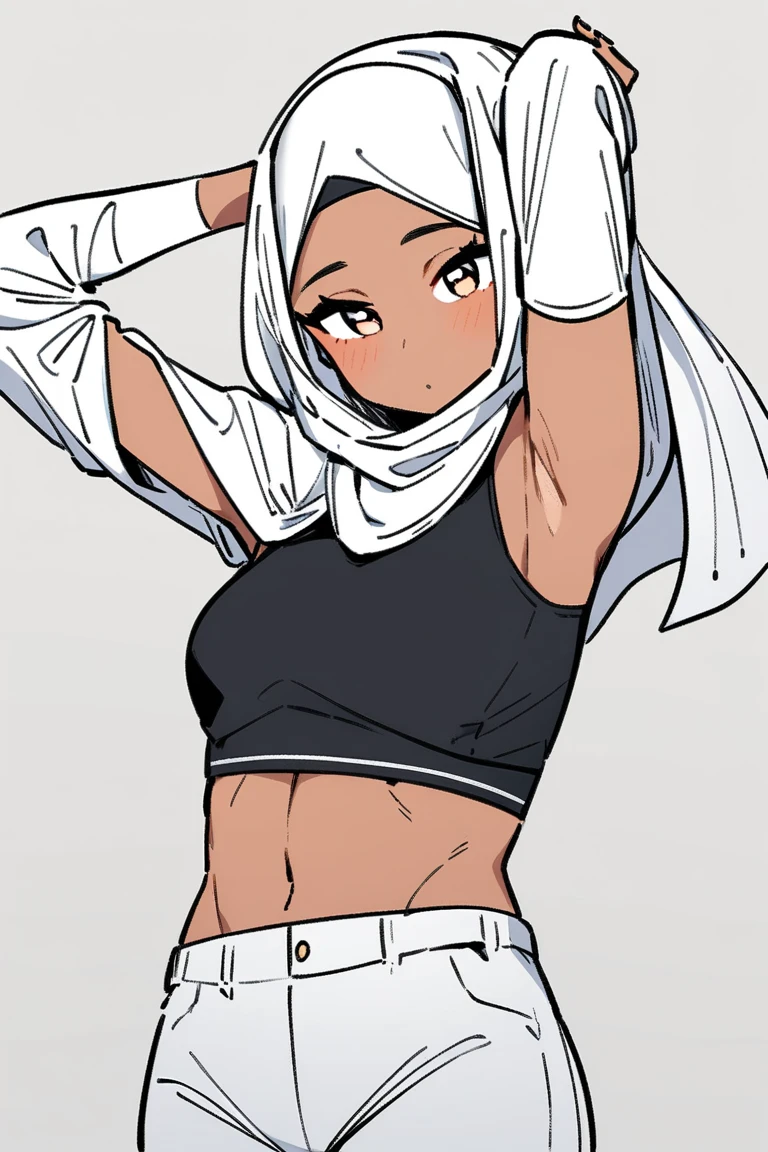 (((pov))), Photo of a malay female with small breasts (((lying on the bed))) inside (girl's bedroom), 20yo, petite, skinny, slender body, short body, ((((dark skin)))), dimples, light, detailed face,embarassed face, ((looking disgusted)), ((bulging eyes)), (dissapointed), ((hands holded by viewers)), Perfect breasts, tiny breasts, natural breasts, flat breast, flat chest, A cup, (((hijab))), (((open pijamas shirt))), (white sports bra), (((pulled down pijamas pants))), (white sports panties), (sweat)