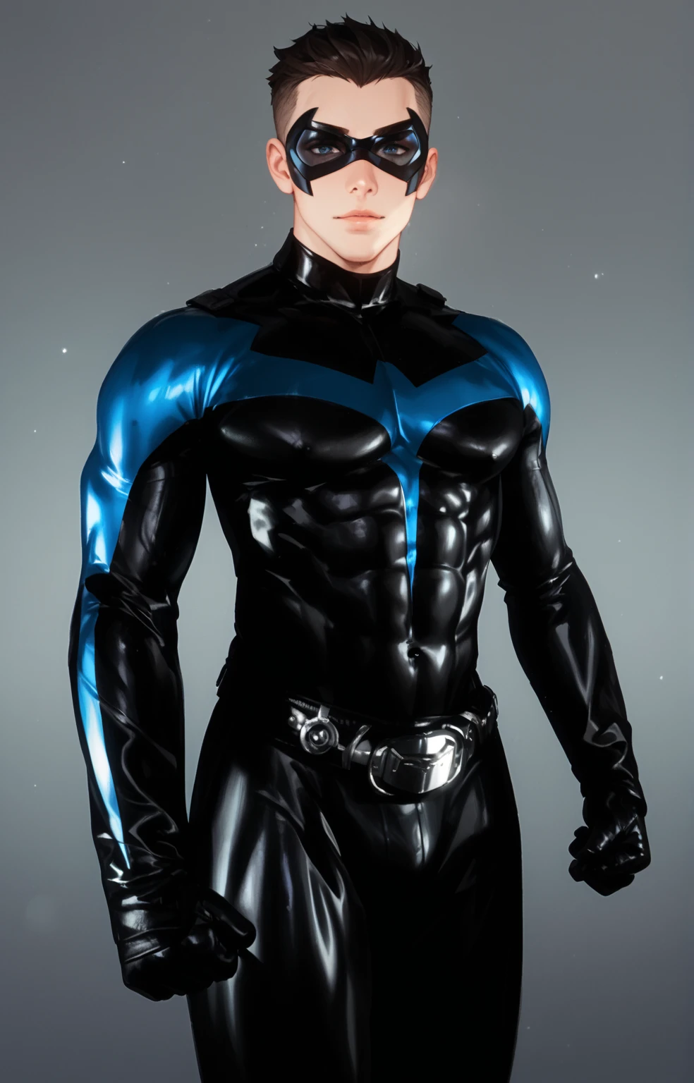 Full body photorealistic handsome hunky masculine Teen Titans Nightwing,,unreal engine, extremely attractive male wearing black and blue and scales transparent mesh bodysuit, with belt and gloves and black mask,,,extremely masculine physique, intricately detailed metal body armour, super bulge, realistic skin, in action, fantasy background