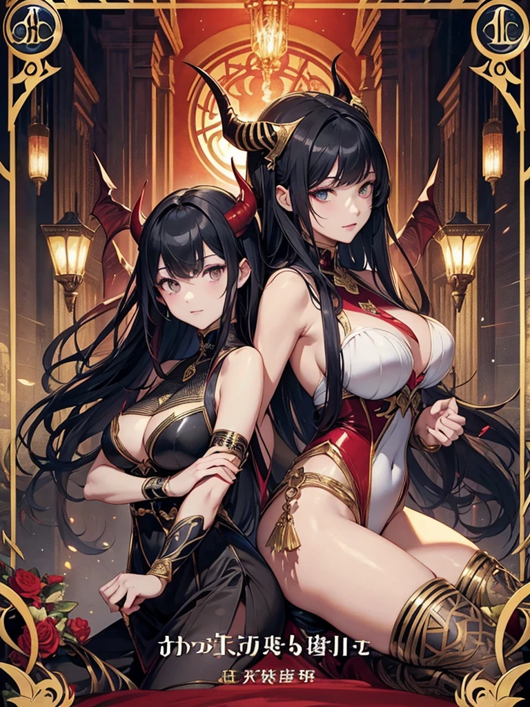wavy hair,Red Sari,black eyes,dark skin,woman、voluptuous body shape,Cow horns on the head ,seductive pose, massive proportion