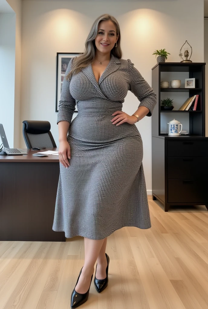 style:photo | Alltotal Body Photo Of glamour Woman, short skirt Standing, High heels, Turtleneck,, as a 45_old woman, big breast Jumbo breast sexy, fat straight_hair, Izrael Syria woman standing, Ol、Office Lady、secretary、career woman、preppy,viewed_from_distance, full_body, wide_angle view, entire_body_in_view、fat girl、one person、Full body portrait、Simple white background、Standing on tiptoes、Stand with your feet shoulder-width apart、Stand with your hands on your hips、Stand facing forward、