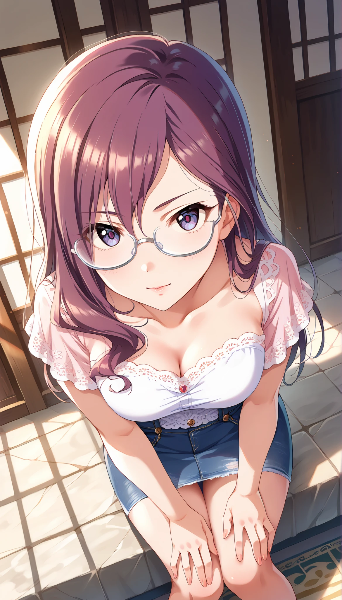 (((Yagami Makino))),light purple short sleeve blouse,denim below-the-knee skirt,Bare Chest,(((medium breasts))),(slightly long hair),((angle from above)),purple hair,Ulchan-6500-v1.1, ( RAW photos :1.2), beautiful detailed, very detailedな目,beautiful eyes, beautiful eyes,file size is large, high resolution, very detailed, of the best quality, [masterpiece:1.6], Awareness-raising, very detailed, CG, finely, of the best quality, 8K wallpaper, perfect body shape,very detailed,glasses